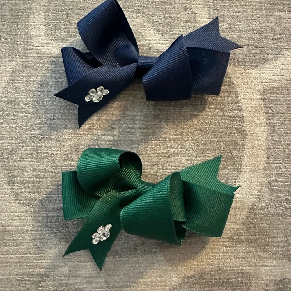 Hair Bows Navy & Green w paw print rhinestone embellishments